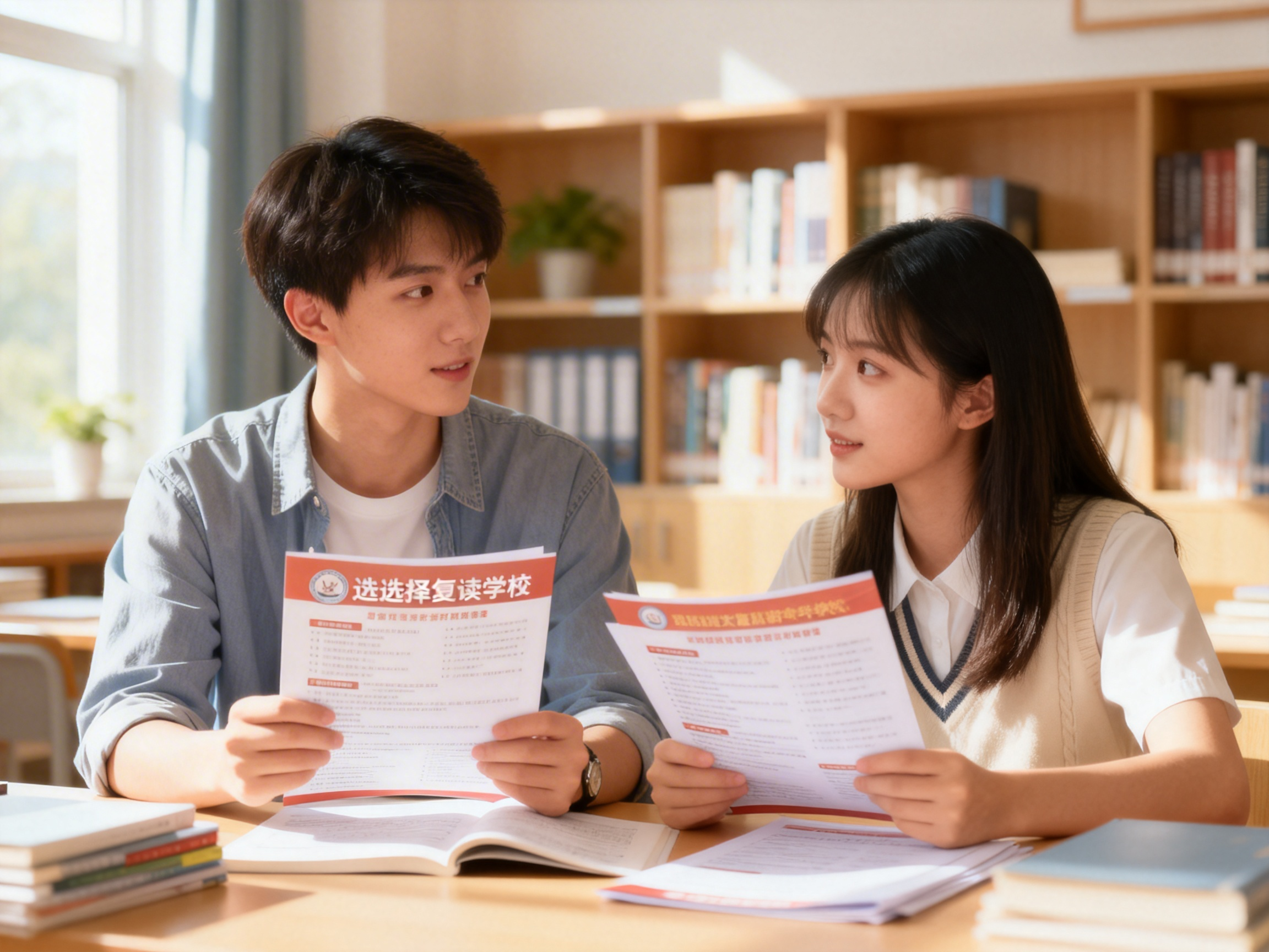 jimeng-2026-04-12-9817-选择复读学校，画面是学生在对比不同复读学校的招生简章，背景是明亮的书房，温暖治愈....png